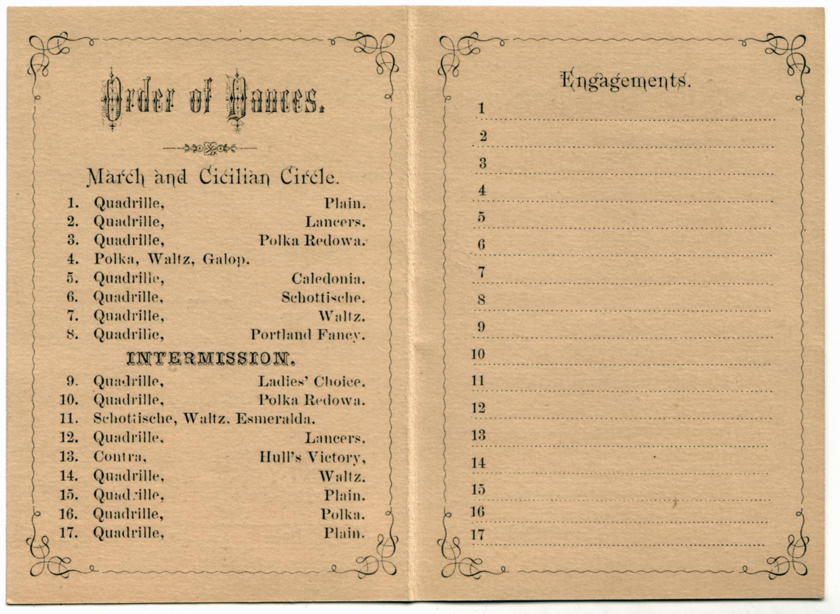 Inside of dance card, Grand Thanksgiving Ball, November 25, 1875
