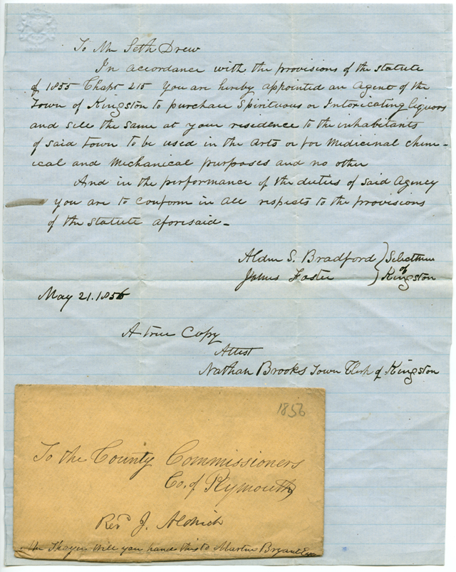 Seth Drew Liquor Agent appointment, 1856
