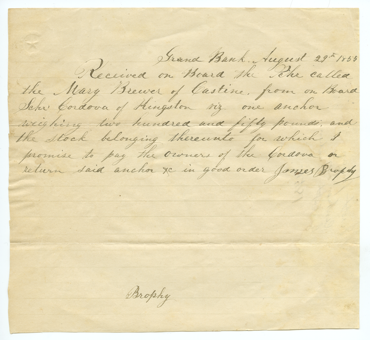 Receipt for an anchor, 1855