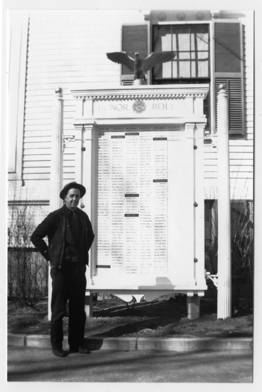 G. Palmer Holmes and the World War II Honor Roll outside Town Hall, circa1946